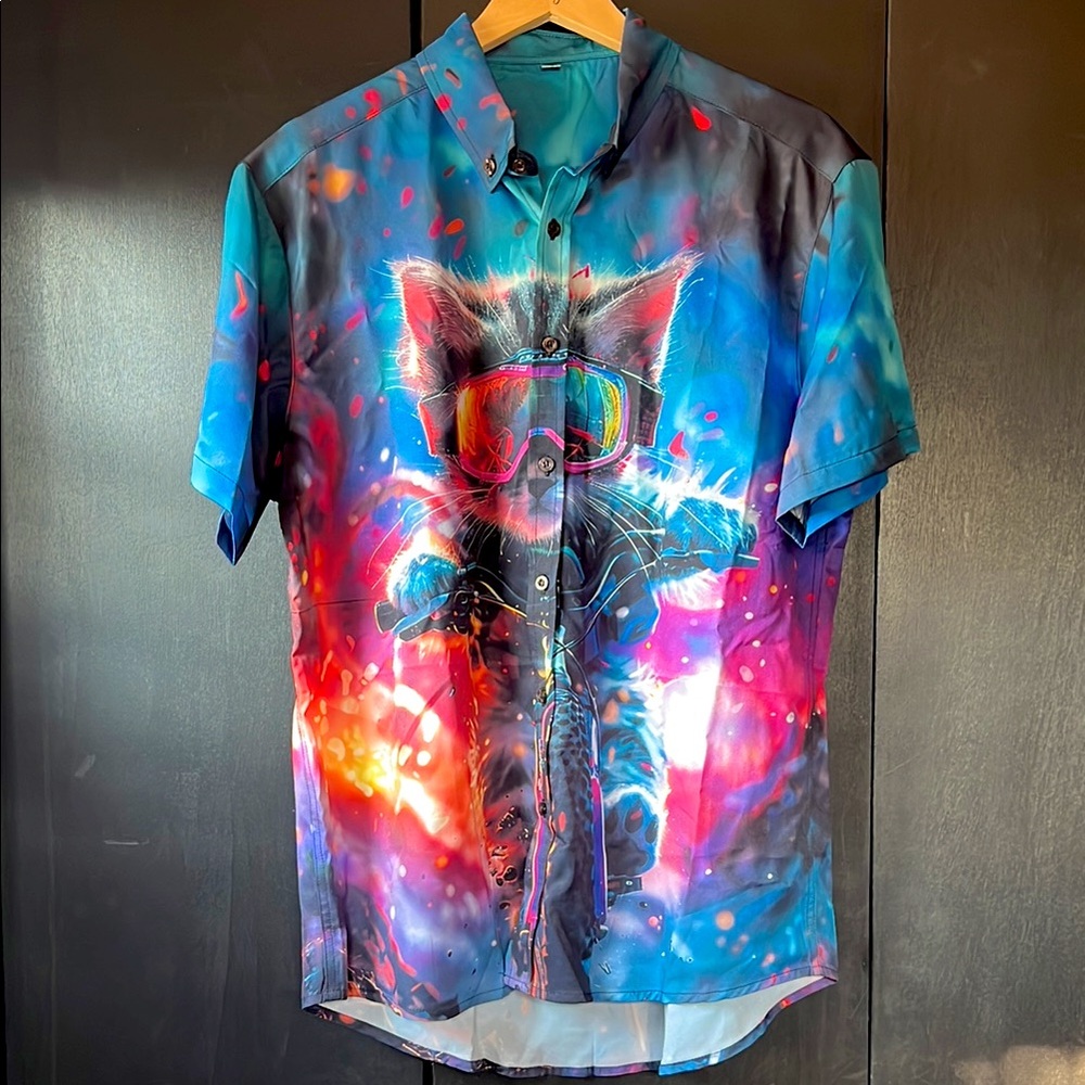 Vibrant Cat Print Men’s Biking Party Shirt